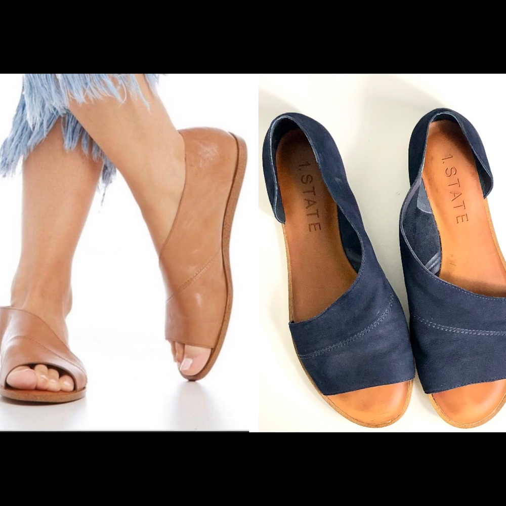 1. State Two-Tone Open-Toe Flats in Navy and Tan
